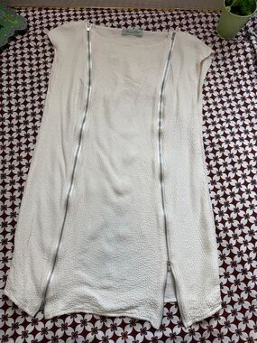 Silk Ivory Textured Shift Dress with Twin Silver Zippers